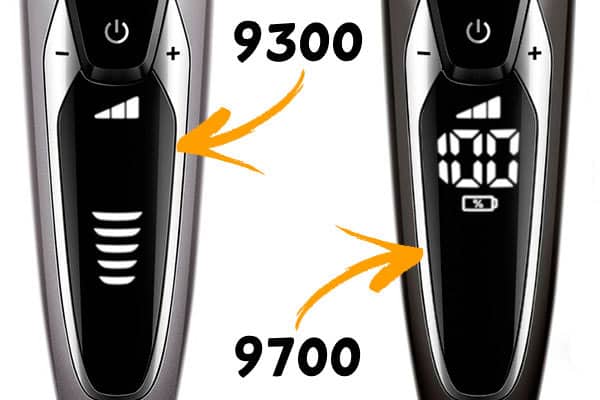 Philips Norelco 9700 and 9300 electric shaver side by side comparison of battery capacity display