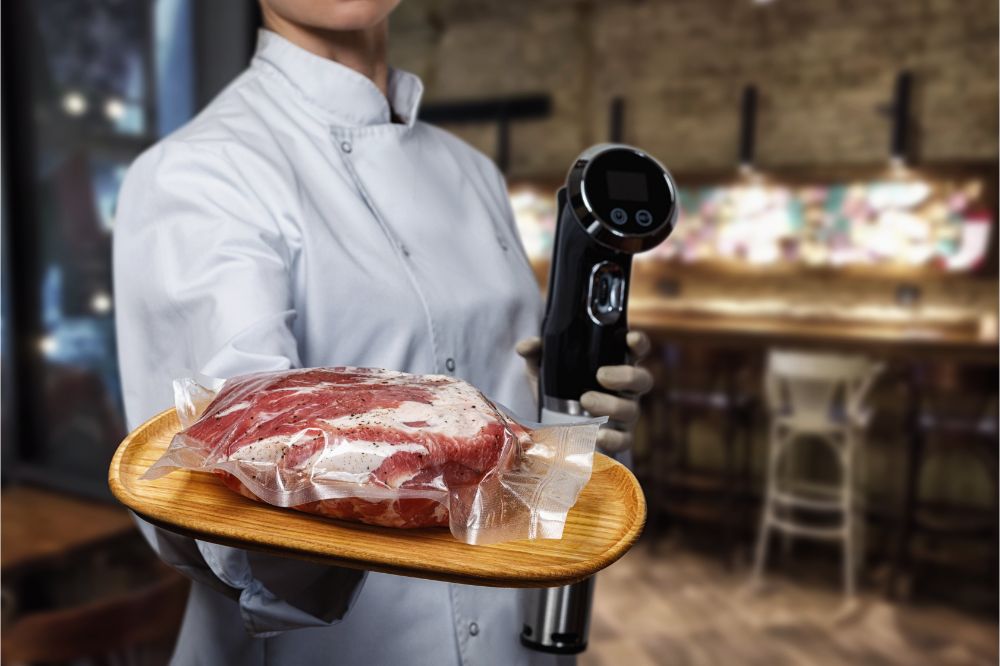 chef holding meat and sous vide on other hand